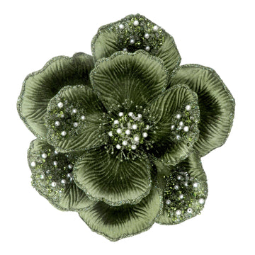 Sage Clip-on Magnolia with Beaded Petals - My Christmas