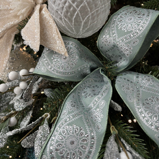 Sage Green and Silver Wavy Floral Ribbon - My Christmas