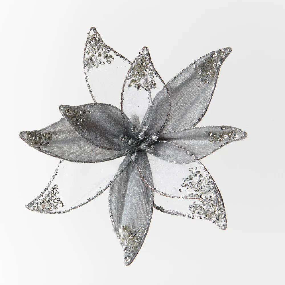 Silver Poinsettia Velvet with Clip - My Christmas