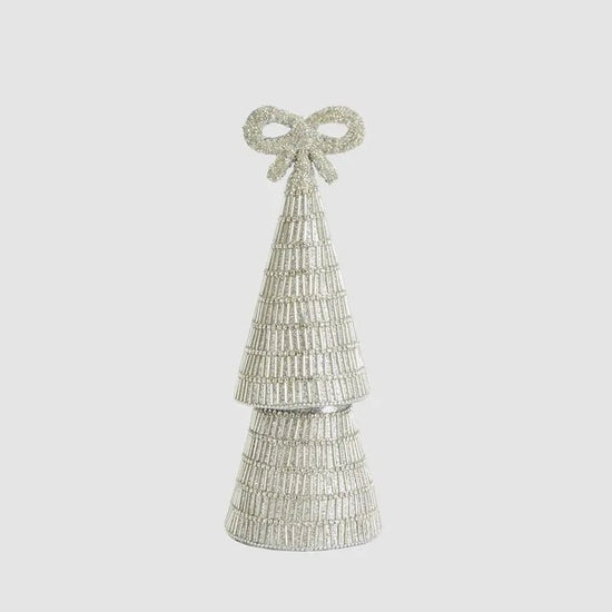 Silver Tiffany Bow Bugle Bead Tiered Cone Tree - Small - My Christmas