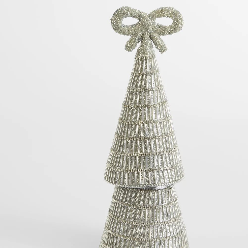 Silver Tiffany Bow Bugle Bead Tiered Cone Tree - Small - My Christmas