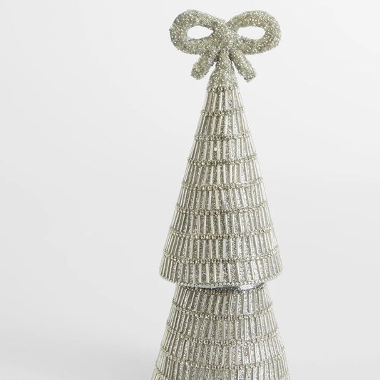 Silver Tiffany Bow Bugle Bead Tiered Cone Tree - Small - My Christmas