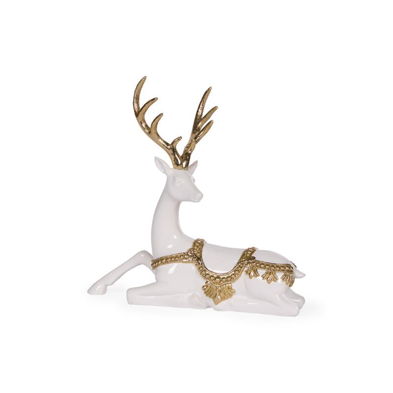 Sitting Embellished White and Gold Reindeer - 26cm - My Christmas