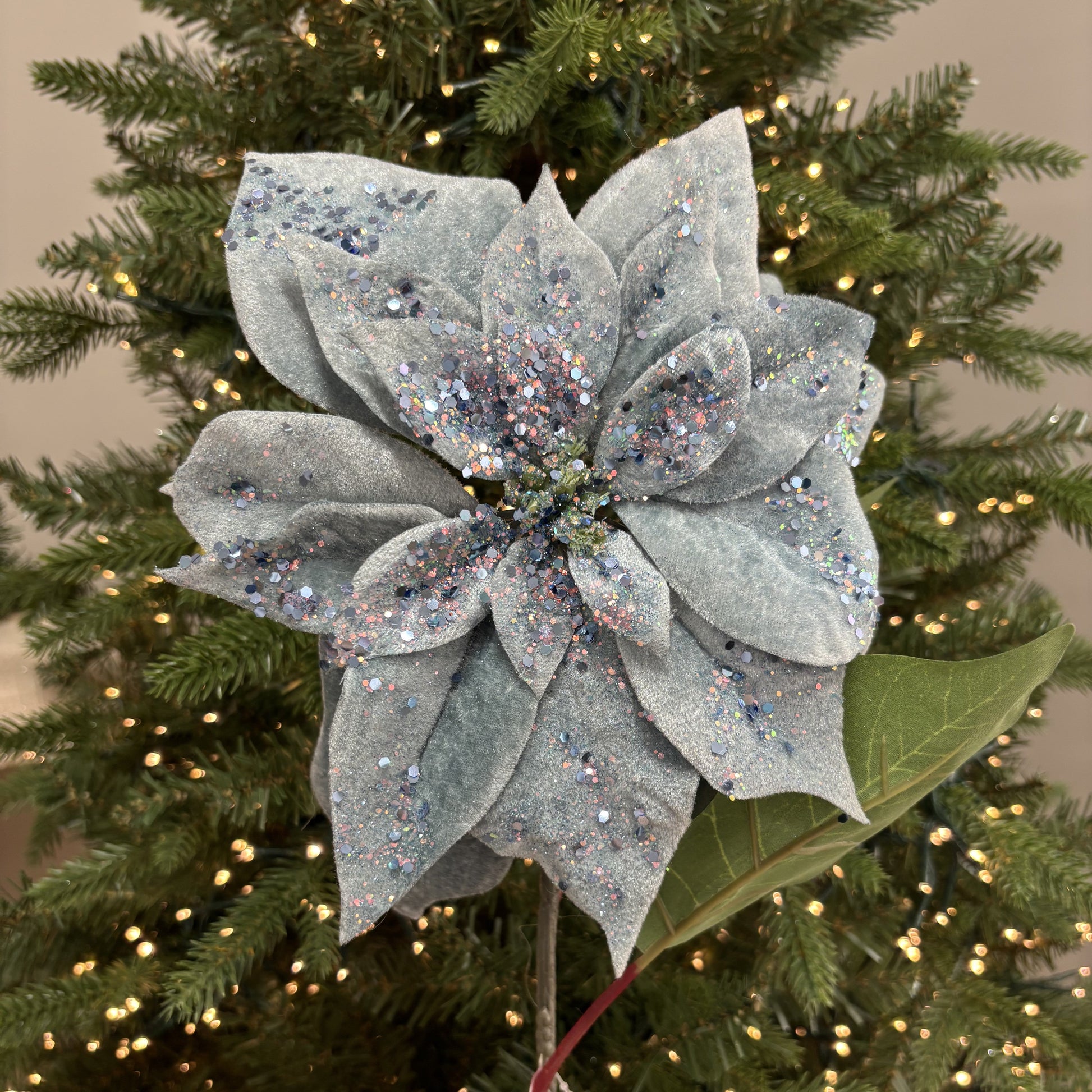 Sky Blue Velvet with Glitter Poinsettia - My Christmas