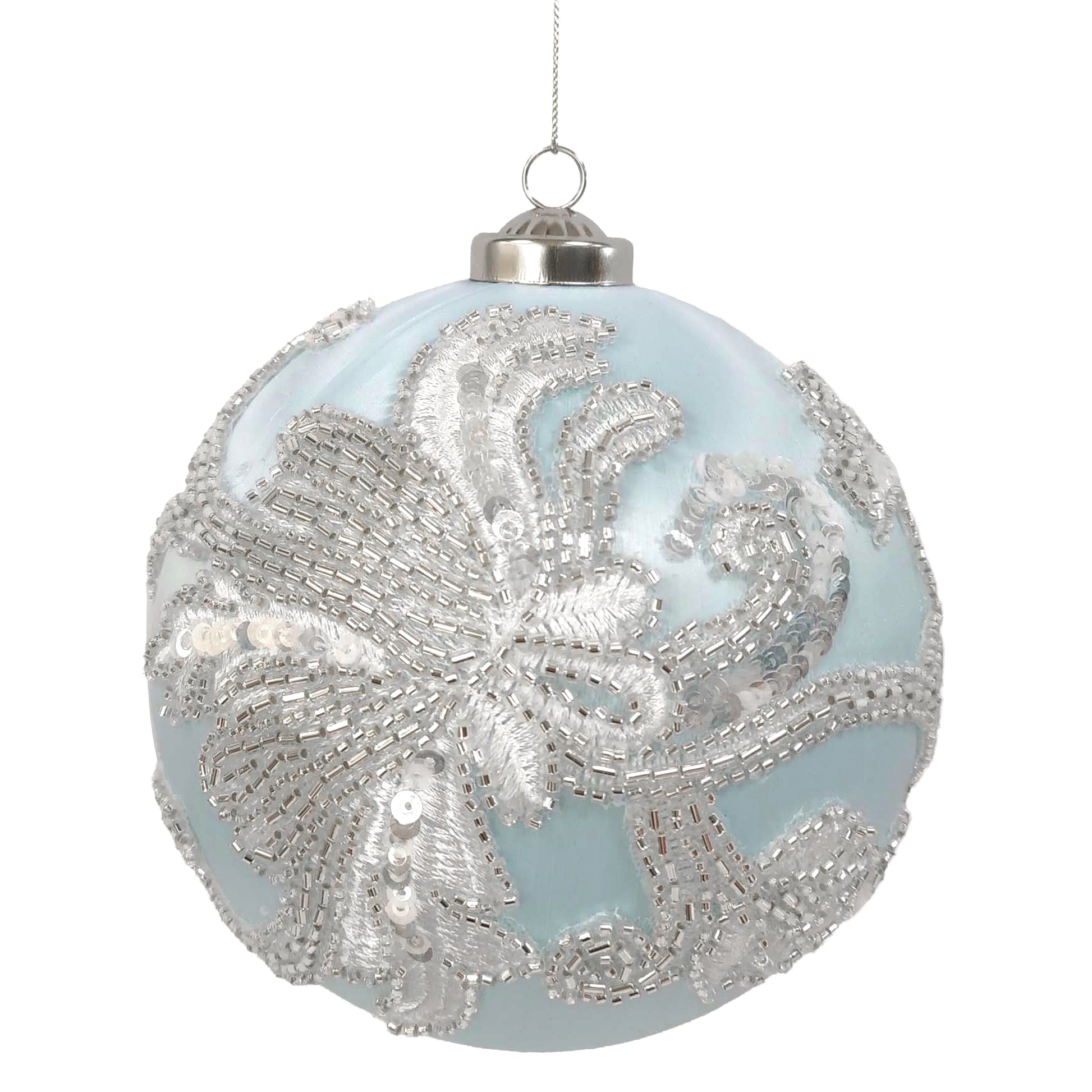 Sky Blue with Sivler Beads over Satin Wrapped Bauble - My Christmas