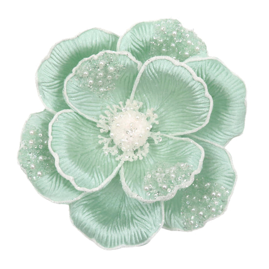 Soft Blue Clip-on Magnolia with Beaded Petals - My Christmas