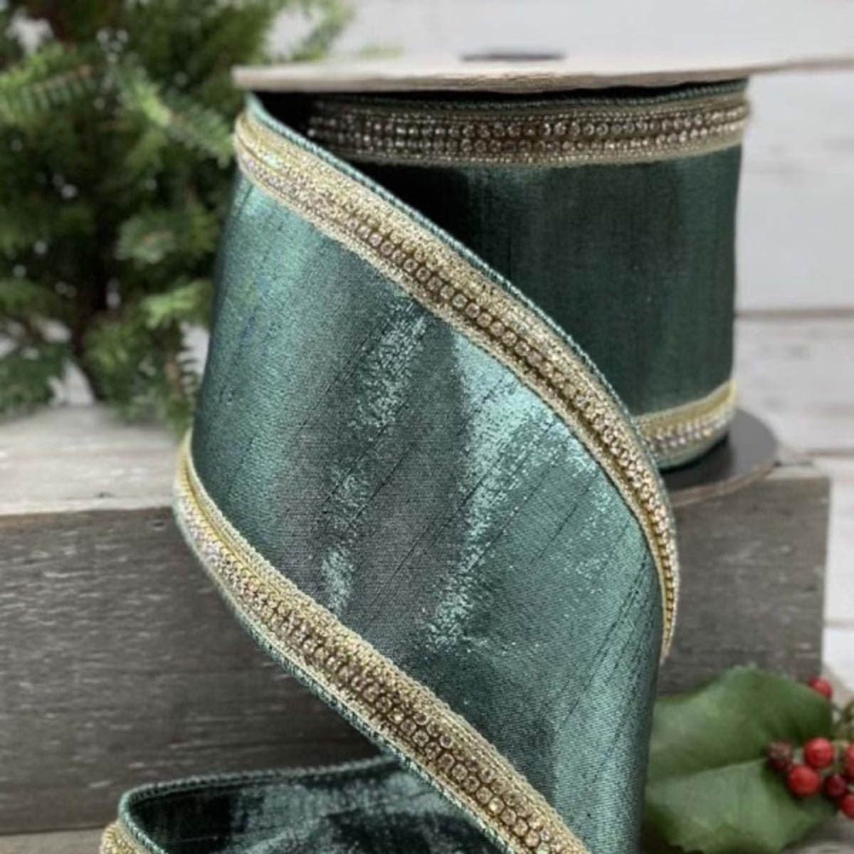 Spa Blue with Faux Metallic Dupion Crystal Side Trim Ribbon - My Christmas