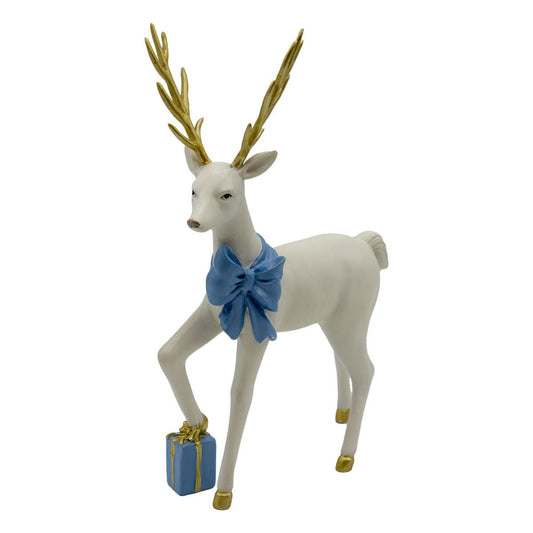 Standing White Reindeer with Blue Bow - My Christmas
