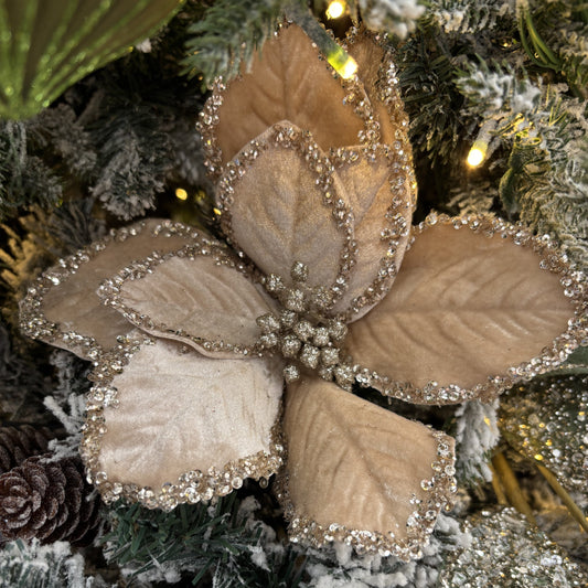 Tan with Gold Glitter Edge Clip-on Poinsettia - My Christmas