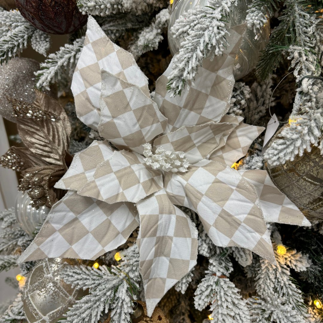 Tan/White Check Poinsettia Pick - My Christmas