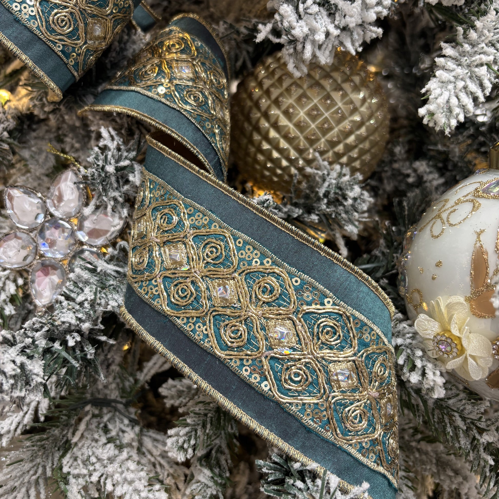 Teal Blue with Iridescent Metallic Dupion Ribbon - My Christmas