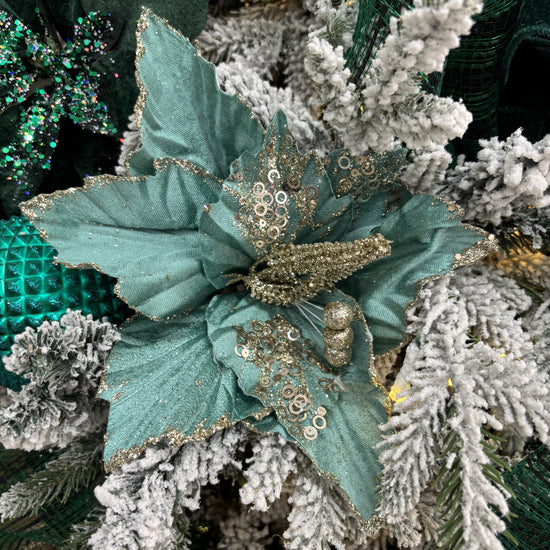 Teal with Gold Embossed Poinsettia with Clip - My Christmas