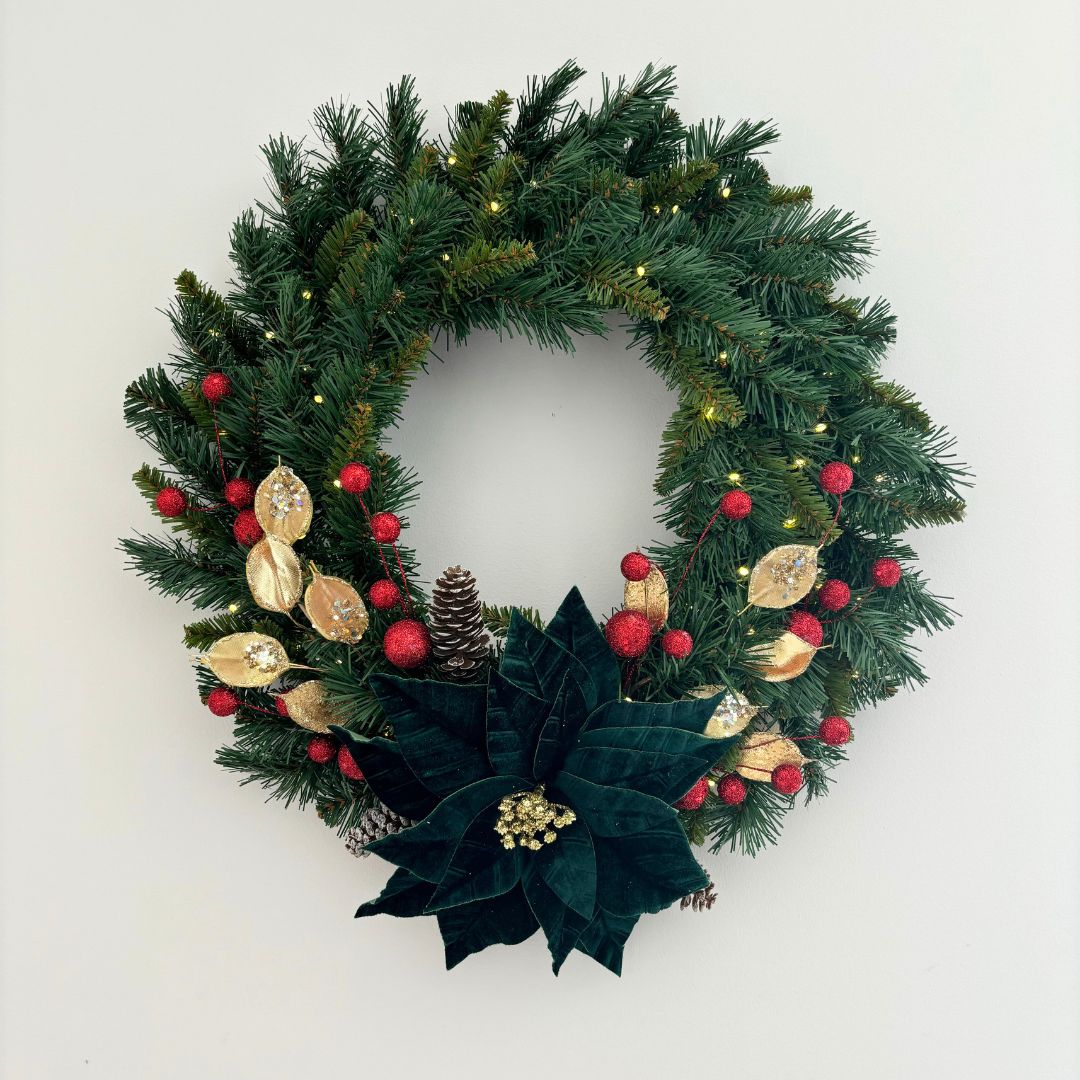 Traditional Tidings Wreath with Green Poinsettia - My Christmas