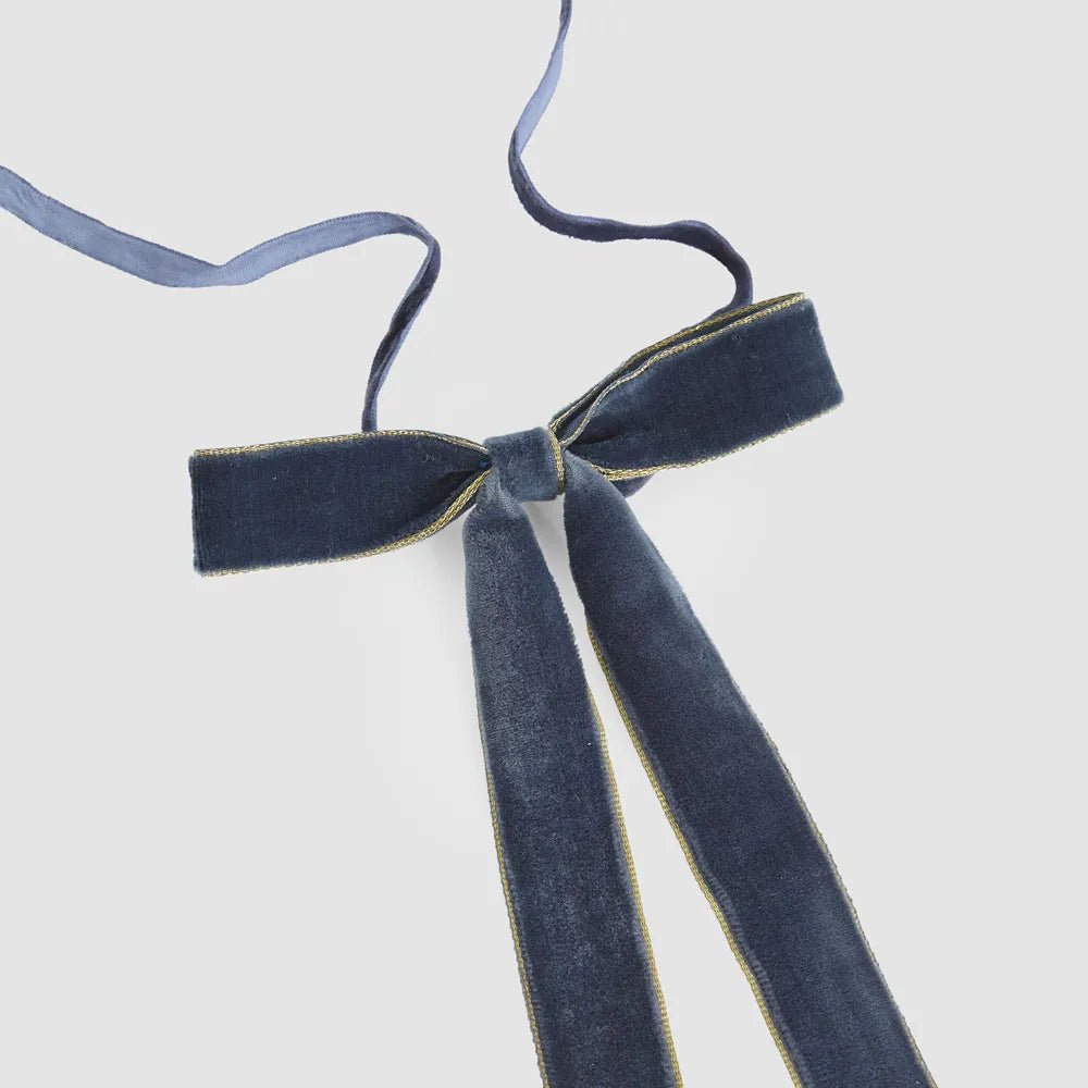 Velvet Tie On Bow Navy Blue w Gold Border - Set of 8 - My Christmas