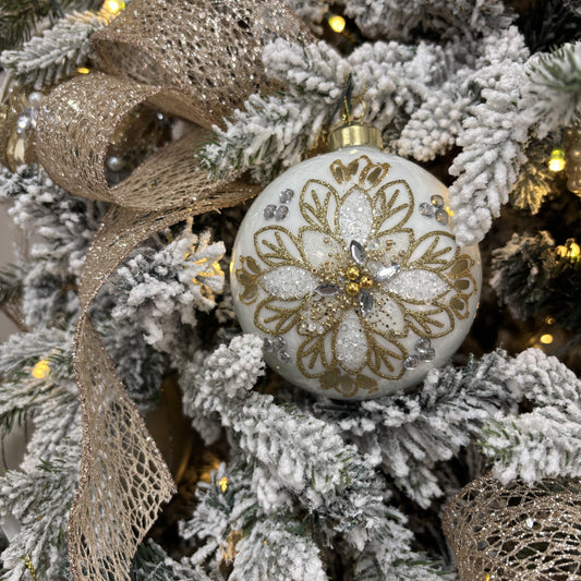 White and Gold Intricate Floral Bauble - My Christmas