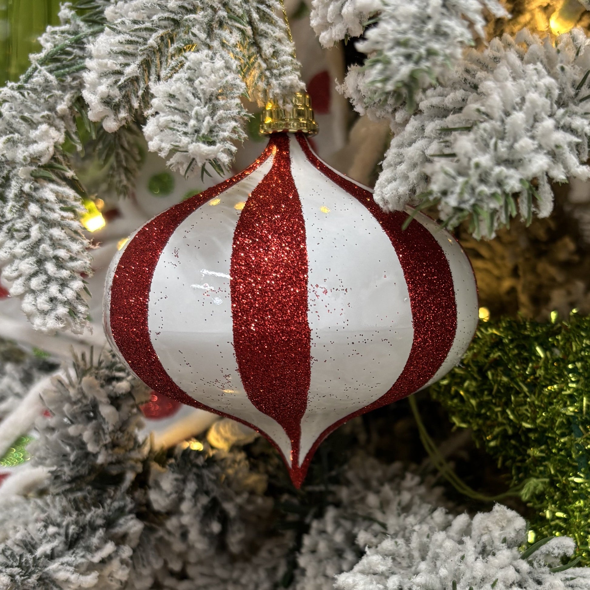 White and Red Glitter Onion Ornament - 10cm - My Christmas