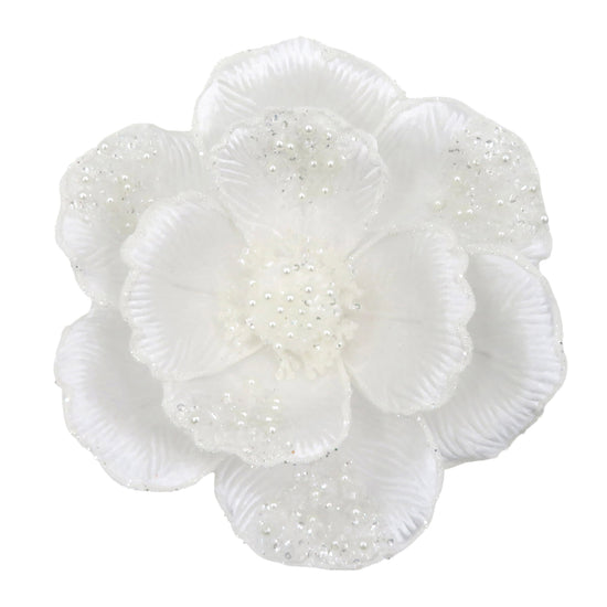 White Clip-on Magnolia with Beaded Petals - My Christmas