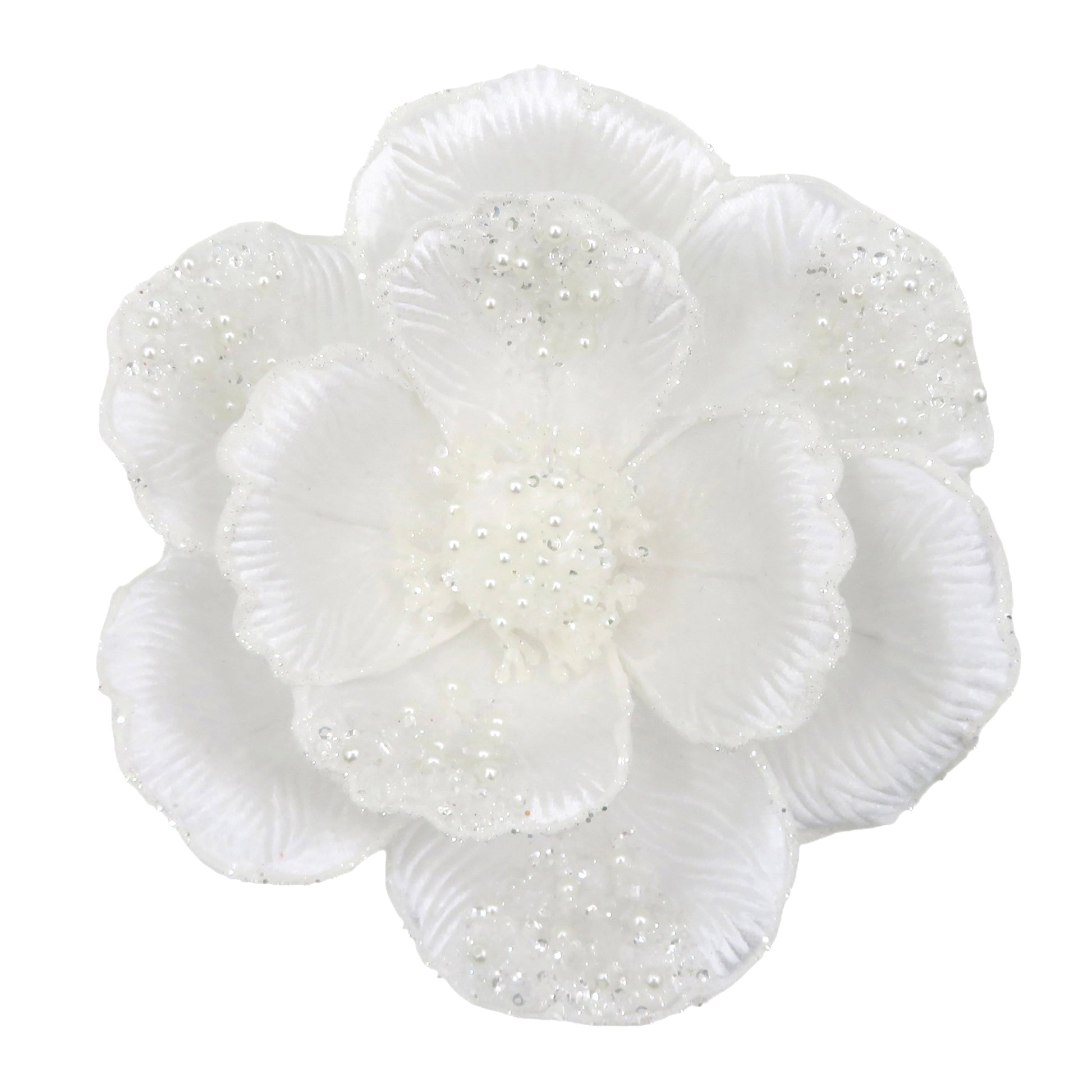 White Clip-on Magnolia with Beaded Petals - My Christmas