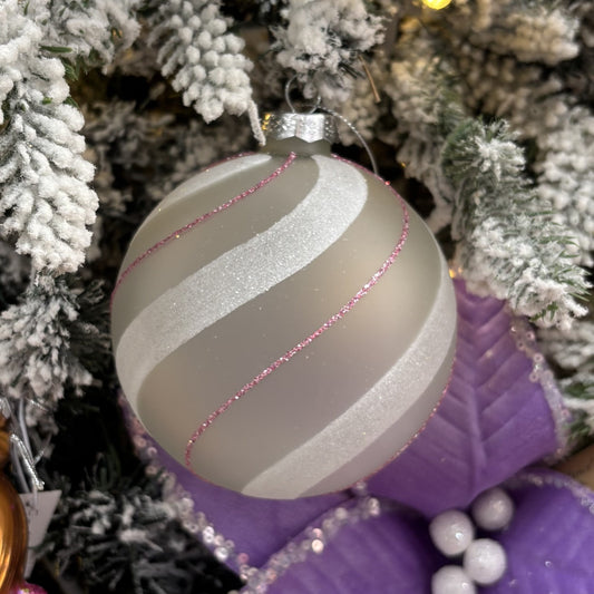 White Glass and Pink Stripe Bauble - My Christmas
