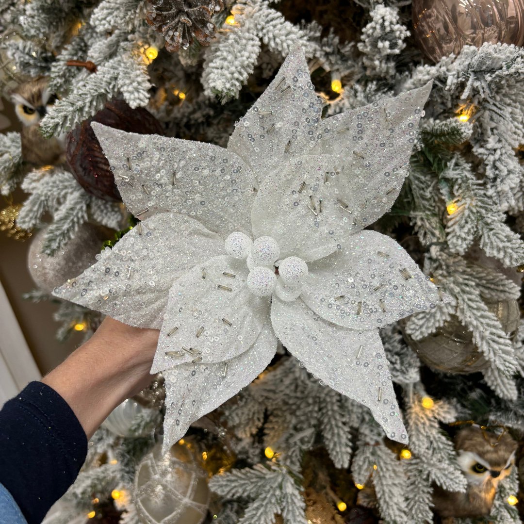 White Pearl Poinsettia with Clip - My Christmas