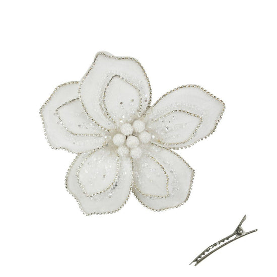 White Velvet Flower with Silver Jewels and Clip - My Christmas