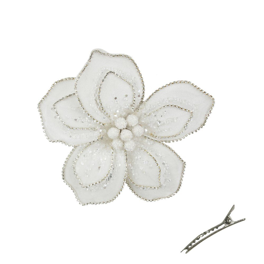White Velvet Flower with Silver Jewels and Clip - My Christmas