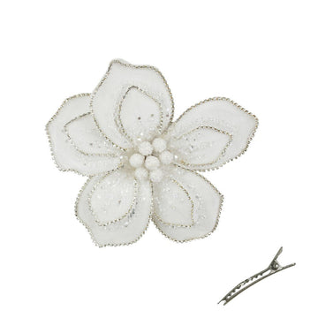 White Velvet Flower with Silver Jewels and Clip - My Christmas