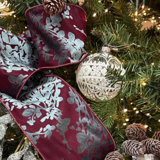 Wine and Celadon Liriope Burn Out Velvet Ribbon - My Christmas