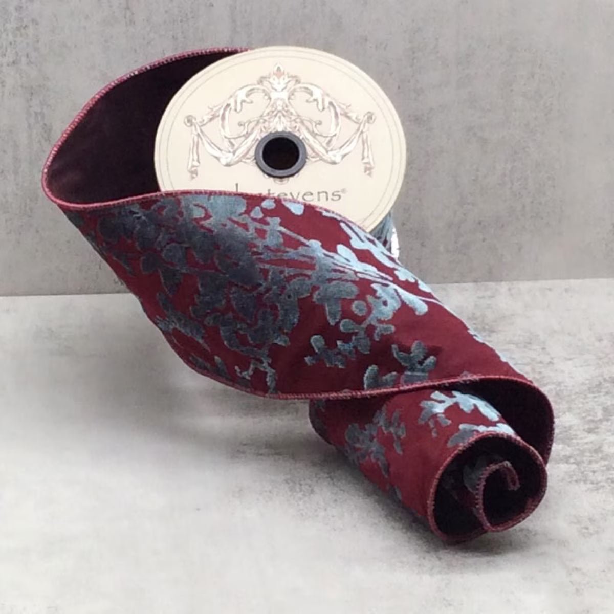Wine and Celadon Liriope Burn Out Velvet Ribbon - My Christmas