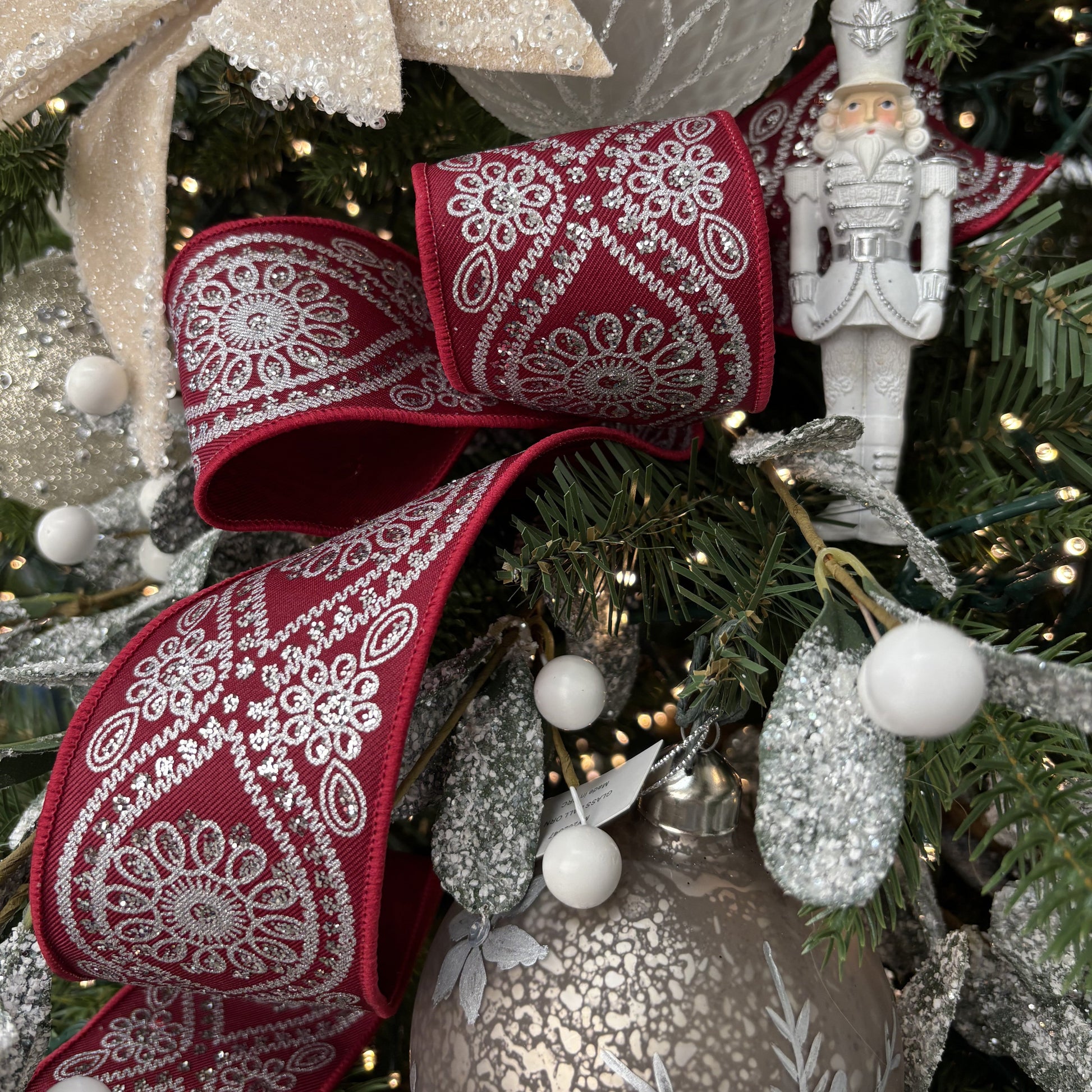 Wine and Silver Wavy Floral Ribbon - My Christmas