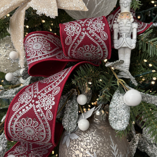 Wine and Silver Wavy Floral Ribbon - My Christmas