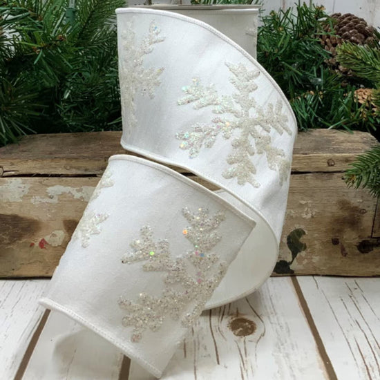 Winter White Faux Dupion with Glitter Snowflakes Ribbon - My Christmas