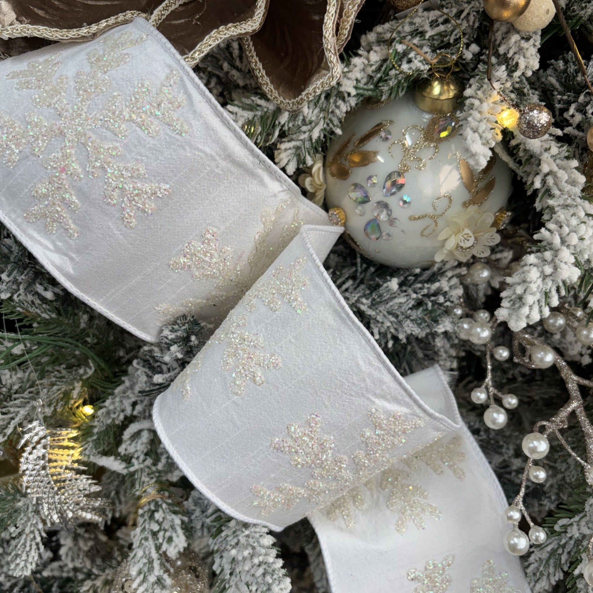 Winter White Faux Dupion with Glitter Snowflakes Ribbon - My Christmas