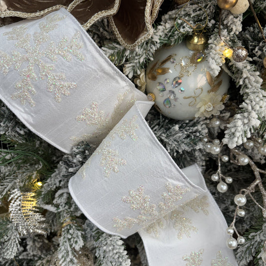 Winter White Faux Dupion with Glitter Snowflakes Ribbon - My Christmas