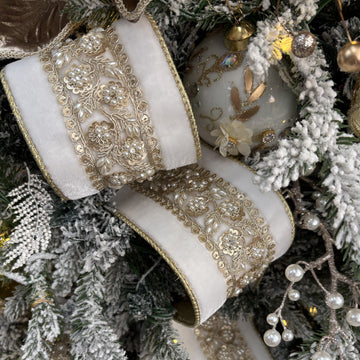 Winter White Gold Pearl Centre Ribbon - My Christmas