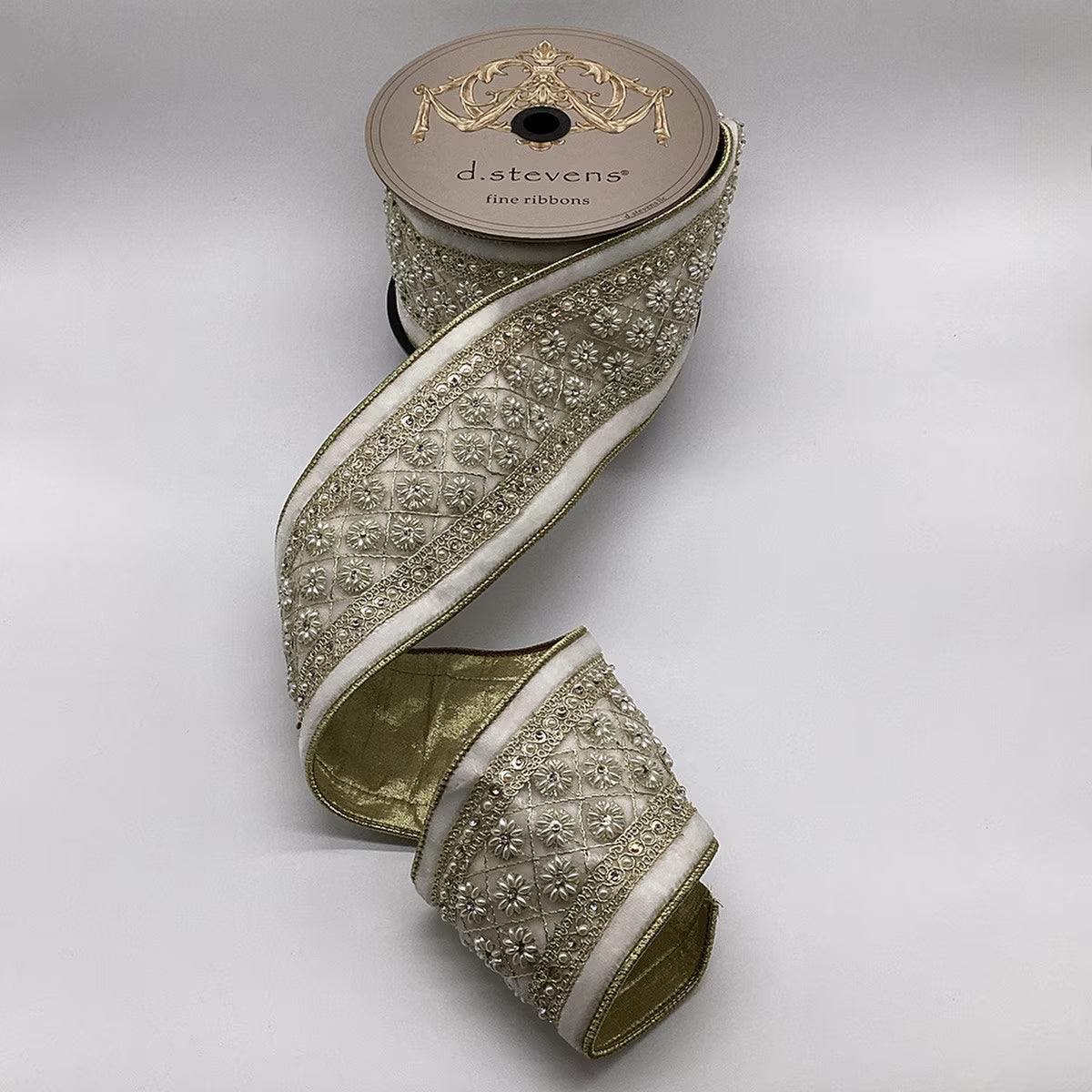 Winter White Metallic Pearl Floral Centre Ribbon - My Christmas