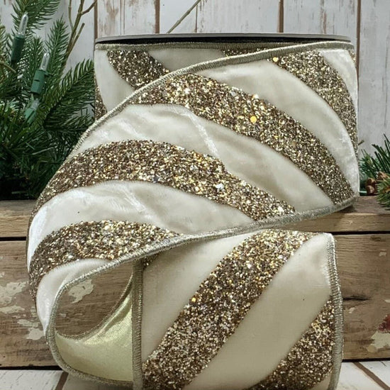 Winter White Velvet Glitter Diagonal Stripe Ribbon - My Christmas