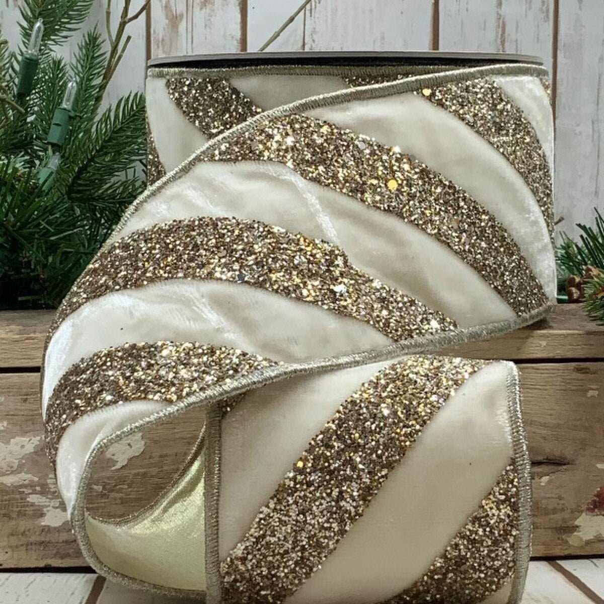 Winter White Velvet Glitter Diagonal Stripe Ribbon - My Christmas