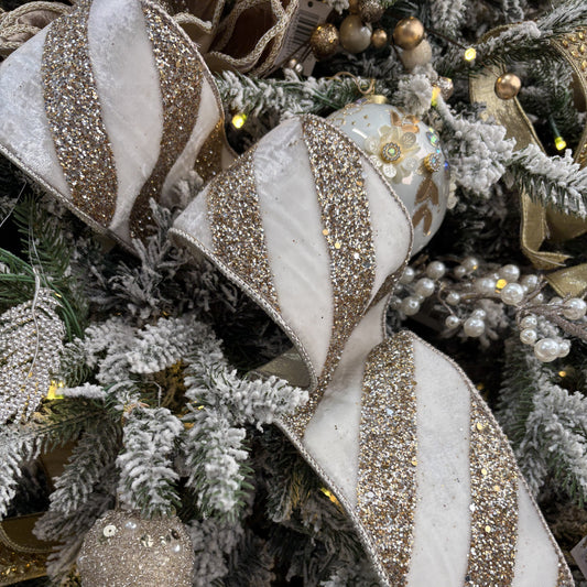 Winter White Velvet Glitter Diagonal Stripe Ribbon - My Christmas