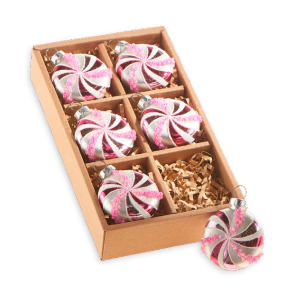 Pink Glittered Peppermint Ornaments, Box of 6 - My Christmas