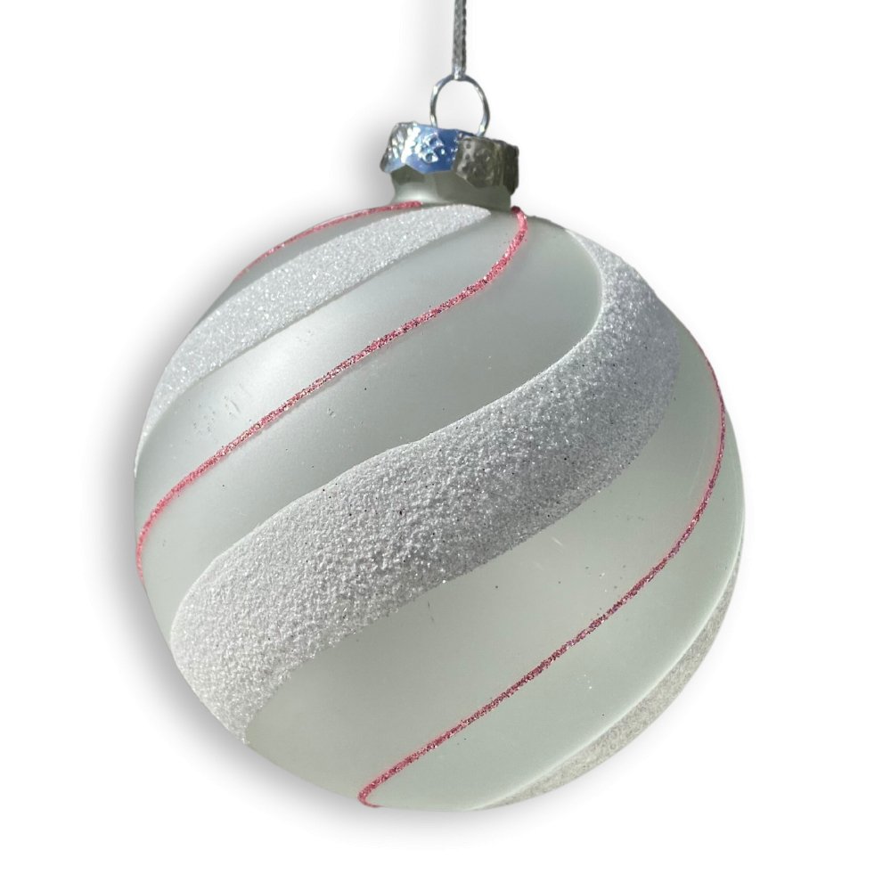 White Glass/Pink Stripe Ball Ornament - My Christmas